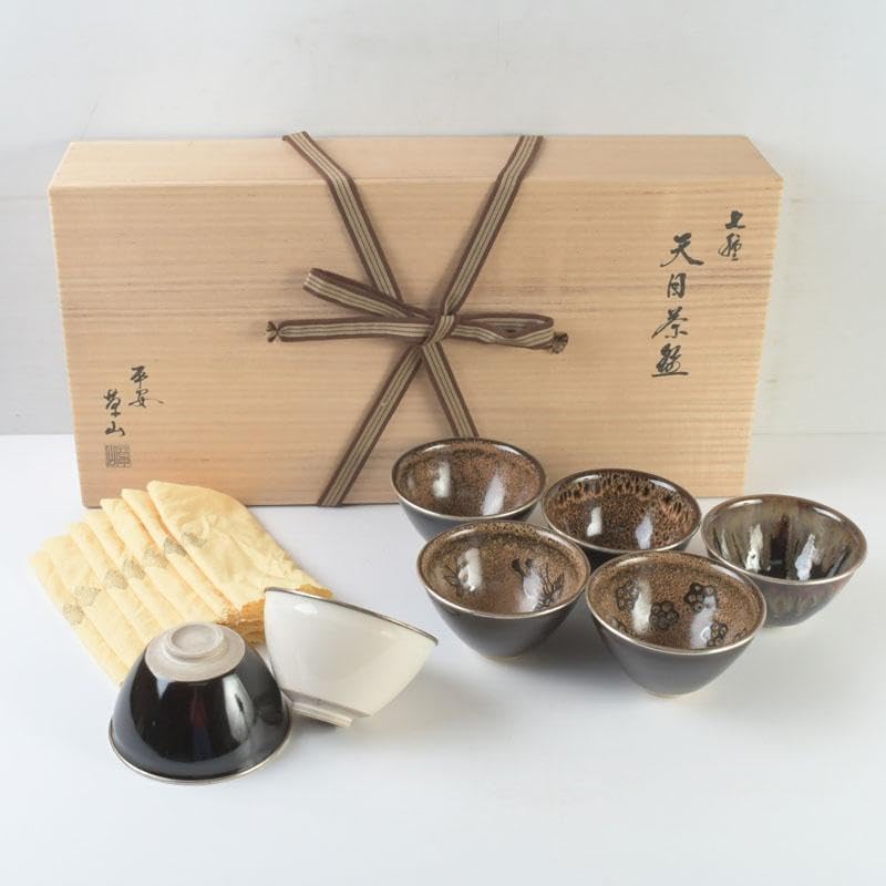 茶道具　平安　万代草山作　天目茶碗　七種　共布共箱　M　9329A 茶道具 平安 万代草山作 天目茶碗 七種 共布共箱 M 9329A 茶道具 平安